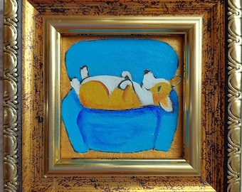 Framed Welsh Corgi Oil Painting: Original Dog Portrait Art, 2x2"