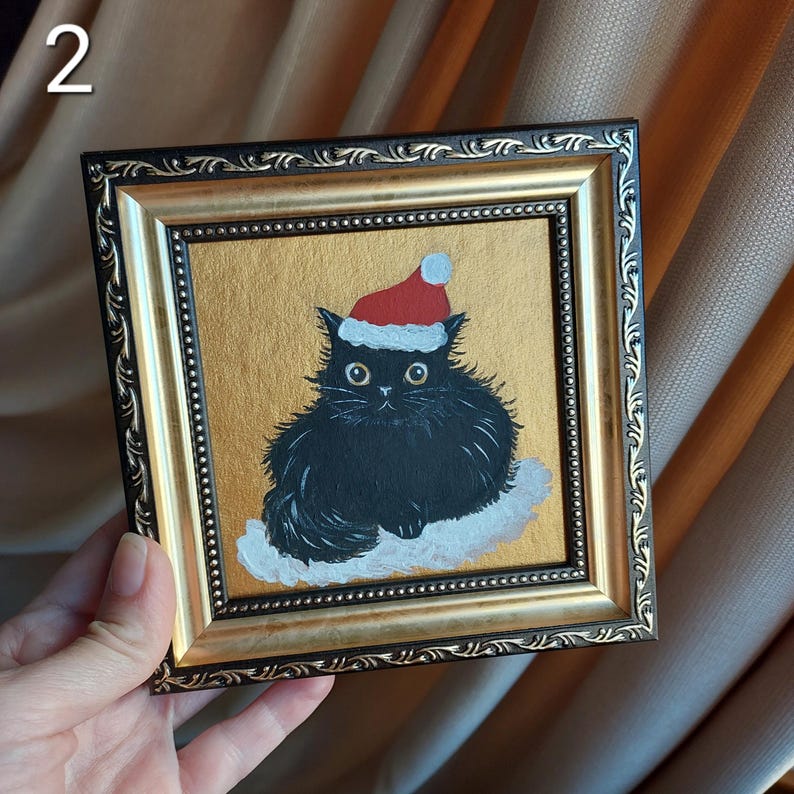 Black Cat in Christmas Hat Painting Gold Original Artwork Framed Funny