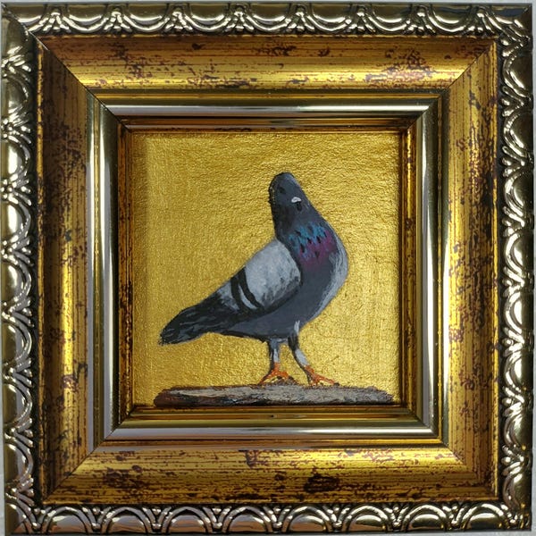 Framed Pigeon Painting: Miniature Bird Portrait, 2x2 Original Art