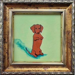 Framed Dachshund Oil Painting: Miniature Funny Dog Art,3x3 Handmade
