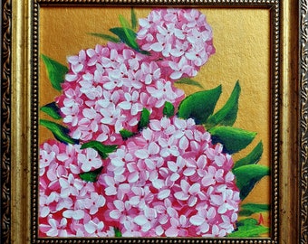 Hydrangea Painting Original Pink Flowers Art Antique Gold Framed Painting Small Floral Artwork Hand Painted Gift for her Ukrainian art