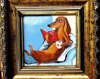 Mini Dachshund Reading Book Painting – Funny Dog Art, Tiny Framed Oil Painting, Pet Portrait