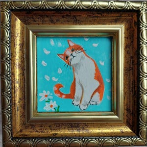 Orange cat painting original Framed art Funny kitten handmade art Mini painting 2x2 in