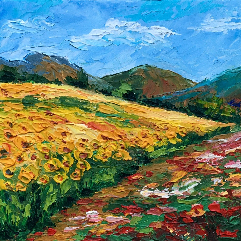 Sunflower Field Painting Original Small Art Tuscany Painting Ita