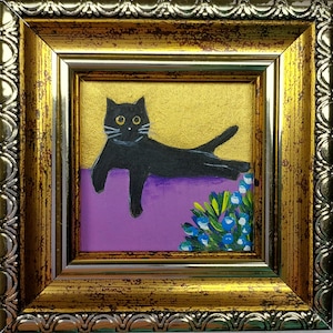 Black cat lying down painting Framed original art Funny cute kitten handmade art Miniature 2x2 in