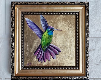 ザクセン王の鳥油絵オリジナルクラフトハンドメイド：金箔額入りアート