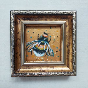 Bumblebee Painting Miniature Bee Painting Original Gold Framed Artwork Honeybee Small Wall Art  Bee lover gifts