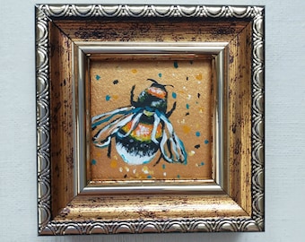 Miniature Bumblebee Oil Painting: Gold Framed Bee Art