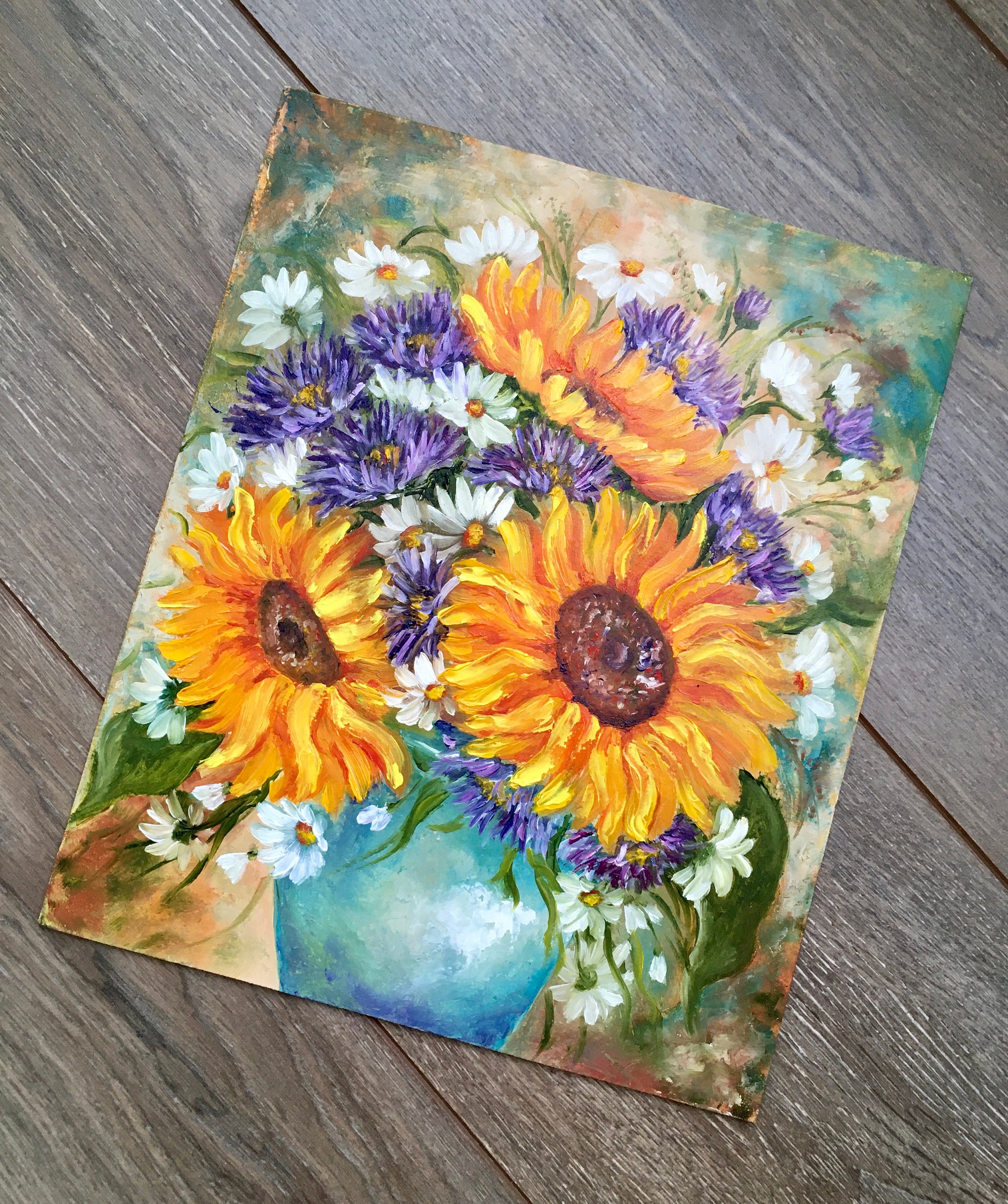Sunflowers Painting Original Art Daisy Artwork Colorful Aster Etsy