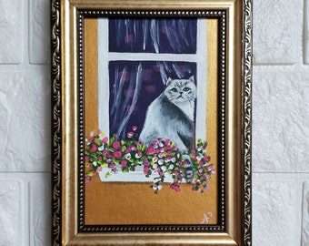 Gray Cat Painting Cute hand painted framed kitten on window with flowers Сat portrait original art animals