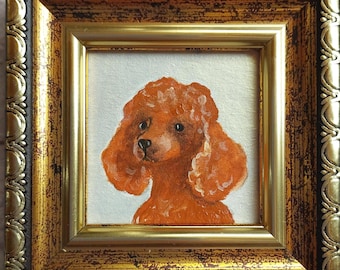 Red Poodle Oil Painting: Miniature Dog Portrait Framed Art