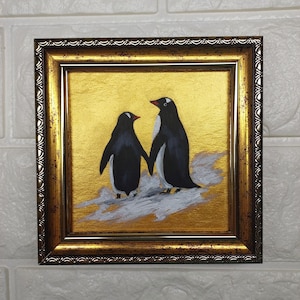 Penguin oil Painting Small Golden Painting Framed Black Penguin Original Artwork