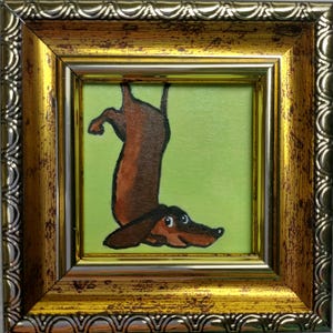 Framed Dachshund Painting: Original Dog Oil Art, 2x2 inches Gift