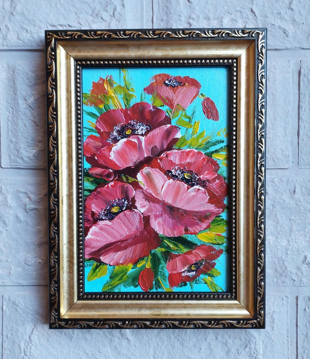 Poppy Painting Original Flowers Miniature Art Gold Framed Artwork Small ...