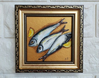 Original Sardine Oil Painting, Fish Still Life, Coastal Kitchen Wall Art (Framed)