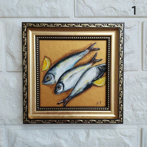 Sardine Oil Painting & Lemon, Original Fish Still Life, Coastal Kitchen Art, Seafood Signed Painting