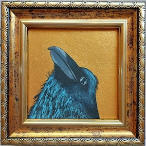 Crow small painting Raven portrait Wall Art Black bird crow art Golden Painting Framed Bird Artwork