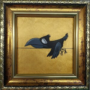 Funny crow painting Small painting crow art Bird Black Raven Wall Art Golden Painting Framed  Bird Artwork