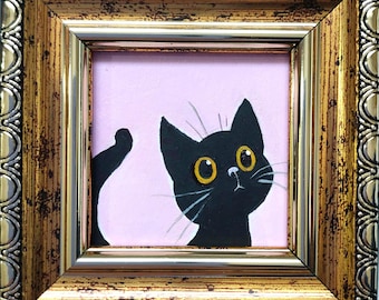 Framed Mini Black Cat Oil Painting Funny Kitten Wall Decor Whimsical Quirky Pet Artwork