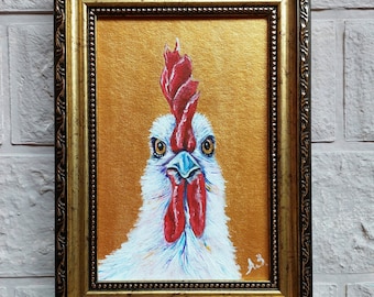 Rooster painting Original painting Small Chicken oil painting Farm bird artwork Golden Framed Painting Farmhouse wall décor Ukrainian artist