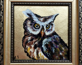 Owl bird painting original Gold Leaf Texture Small frame painting Bird owl wall art Best friend gift for women