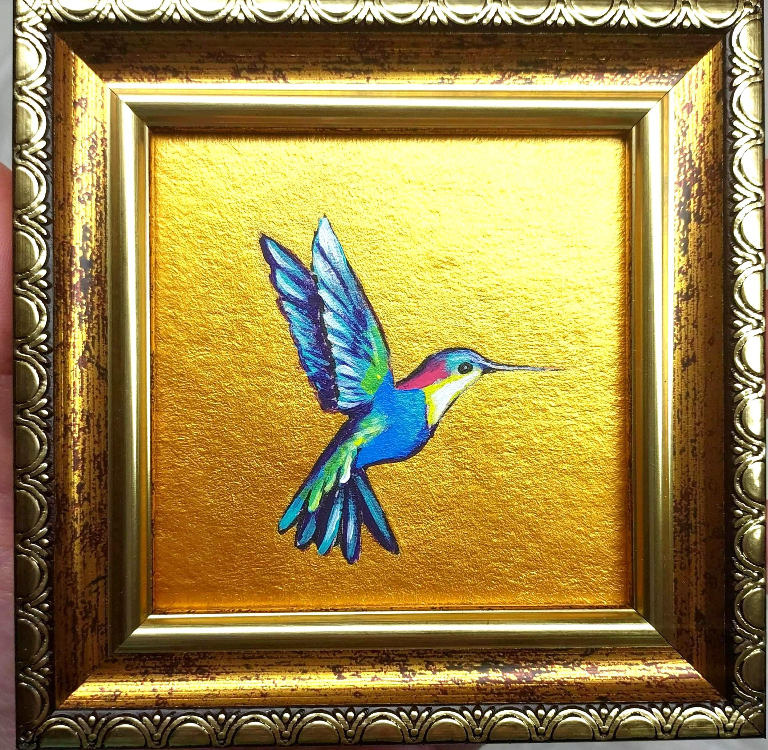 Hummingbird Oil Painting, Framed, Gift, Miniature Gold Art, Bird Wall Decor