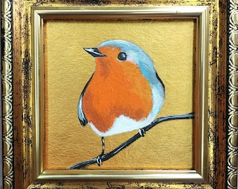 額入りロビン鳥の絵画、リアルな鳥の油絵、赤い鳥のオリジナルアート