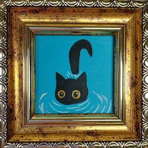 Black cat Painting Framed original art Funny cute kitten in a water hand painted art Miniature animals art