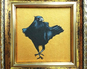 Original Crow Painting, Framed Raven Small Oil Painting, Gothic Bird Art