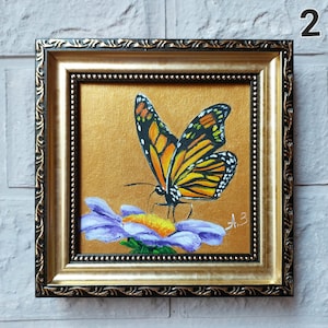 Monarch butterfly art oil painting original 4x4 Gold oil painting Butterfly mini picture framed Butterfly wall art best friend gift