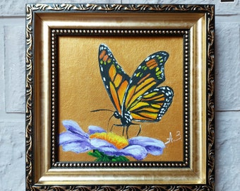 Monarch butterfly art oil painting original 4x4 Gold oil painting Butterfly mini picture framed Butterfly wall art best friend gift