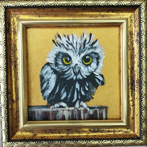 Funny owl painting original Framed golden small artwork  Bird owl wall art Best friend gift