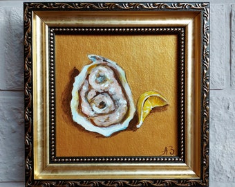 Oyster Painting Lemon Still Life Painting Small Culinary Art Original Oil Painting Seafood Wall Art Food Oyster Shell Painting