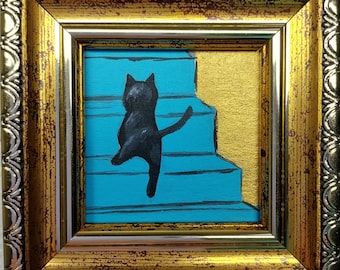 Framed Black Cat Painting: Gift, Funny Kitten Art, Original Oil Artwork 2x2