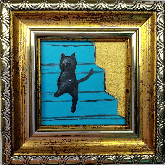 Framed Black Cat Painting: Gift, Funny Kitten Art, Original Oil Artwork 2x2