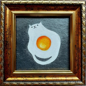 Fried egg painting Framed small painting kitchen wall art Food hand-painted Breakfast still life miniature