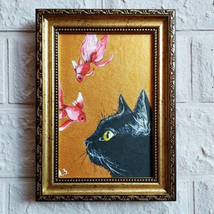 Black cat and fish oil Painting gold original artwork framed Black cat painting original framed art animals