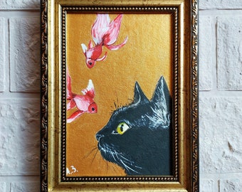 Black cat and fish oil Painting gold original artwork framed Black cat painting original framed art animals