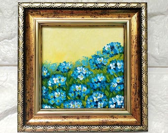 Forget Me Not Oil Painting Original Small Floral Art Framed Mini Wall Decor Gift