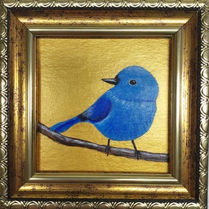 Small Blue bird painting Golden Framed Art Bluebird painting Bird on a Branch Painting Bird art lover gift
