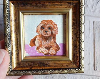 オリジナルの黒プードルの油絵（金箔付き）：額入り犬の肖像画（4 x 4