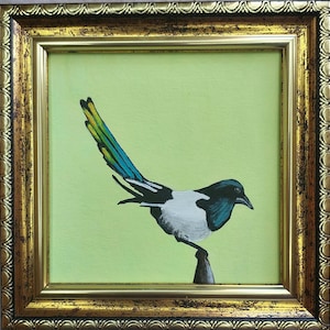 Framed Magpie Oil Painting: Original Black Bird Art, 4x4&quot;