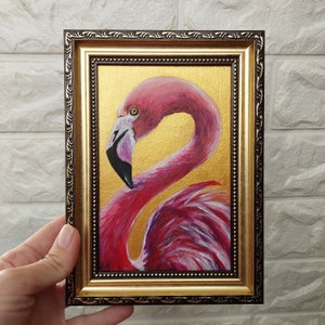 Flamingo painting Wildlife bird painting original Small oil painting animals artwork Golden Framed Painting Farmhouse wall décor image 4