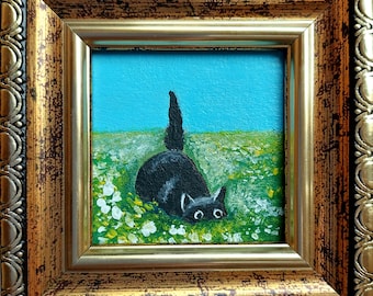 Funny Black Cat Oil Painting, Framed Miniature Kitten Art (2x2 inches)