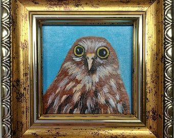 Framed Owl Oil Painting: Miniature Wall Decor Bird Art,