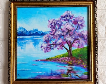 Jacaranda Painting Landscape Lake Original Art Blooming Tree Oil Painting Golden Framed Painting Artwork Ukrainian artist