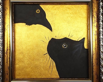 Black Cat and Crow Painting, Original Animal Art, Miniature Oil Painting, Framed Gift