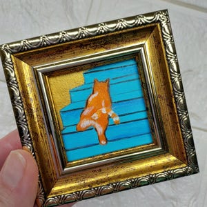 Orange cat painting original Framed art Funny cute kitten handmade art Mini painting 2x2 in