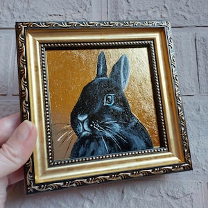 Black rabbit painting Gold leaf Framed picture Small animal art Cute rabbit portrait Bunny painting Birthday gift for woman