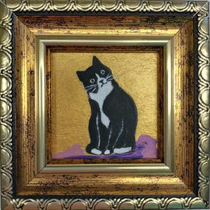 Black white cat Painting Сat portrait 2x2 Framed original art Funny cat hand painted tuxedo cat mini art